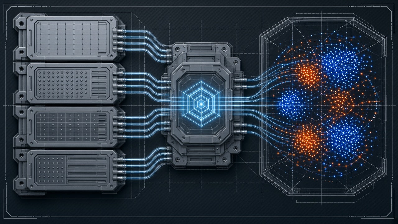 PostgreSQL server rack with vector data channels visualized as glowing fiber-optic lines