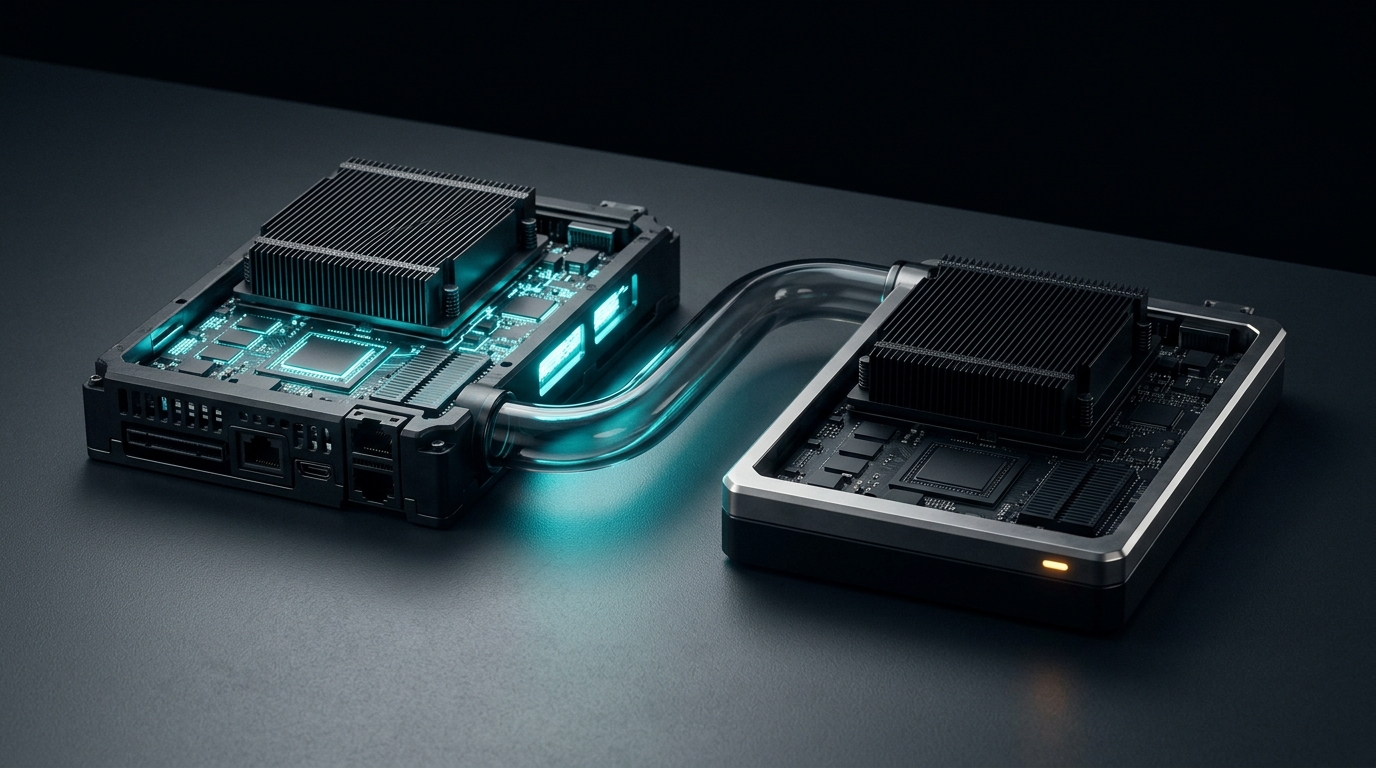 Dark silicon blocks linked by a refractive glass data channel, one block casting a long shadow while its twin holds a frozen stream of light
