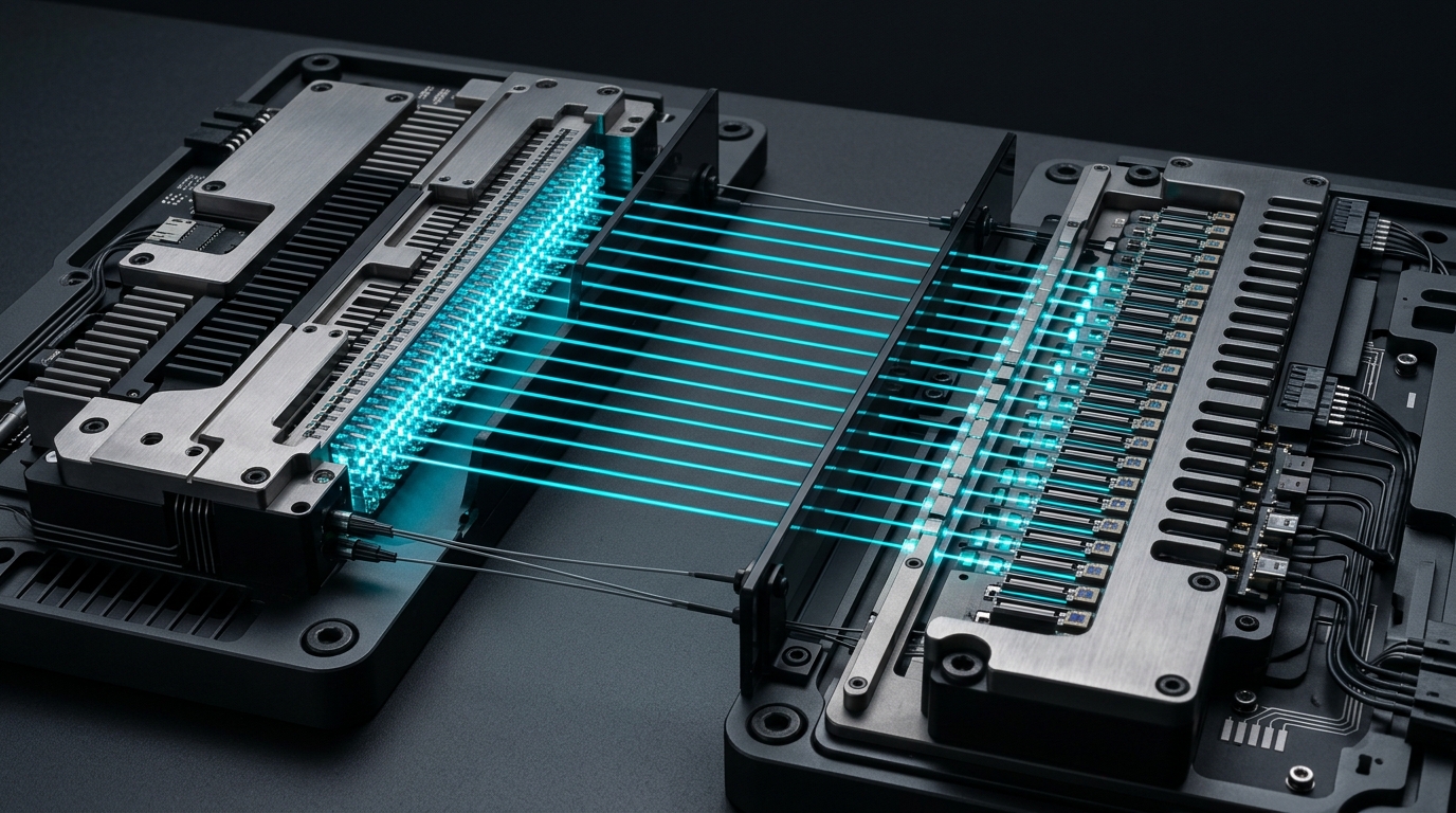 Two parallel panels of precision aluminum hardware, one panel streaming ordered bands of electric cyan light into the other through laser prisms