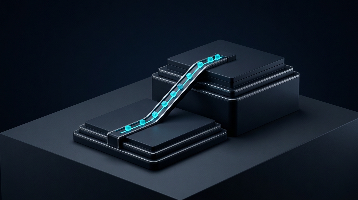 A dark architectural model of a migration path, two silicon platforms at different heights connected by an illuminated fiber-optic ramp carrying blocks of data upward