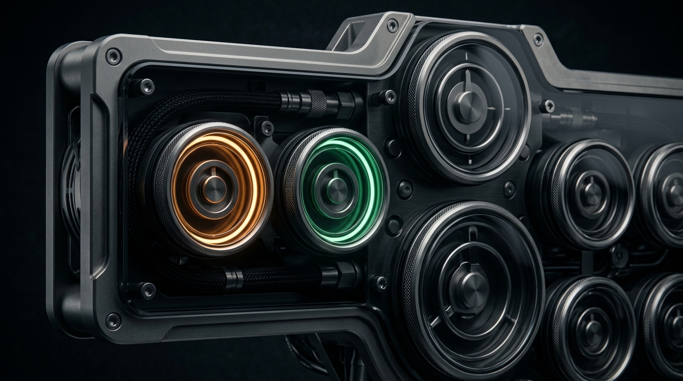 A precision instrument panel of smoked glass gauges and titanium dials, one gauge glowing warm amber at the edge of its safe range beside an emerald indicator holding steady