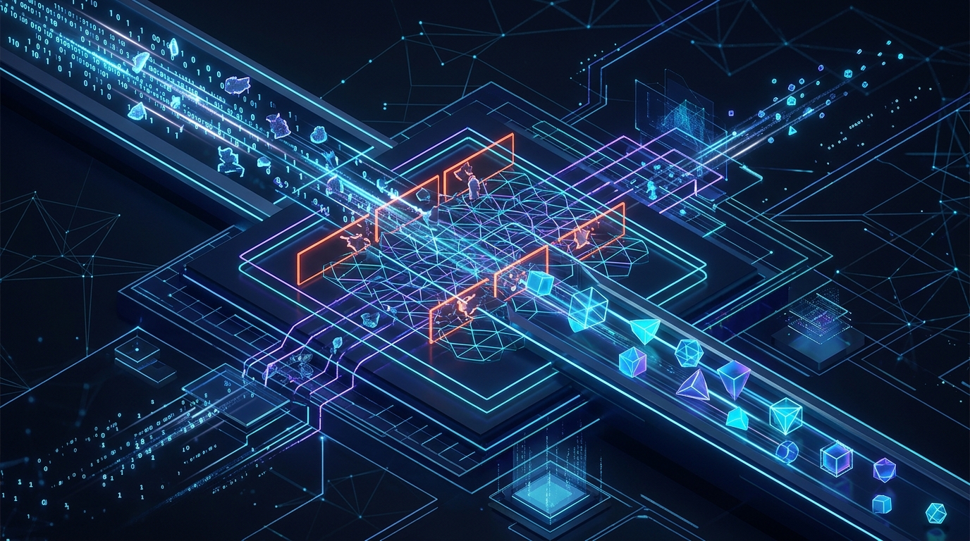 Abstract digital artwork representing real-time schema validation and content guardrails in distributed AI systems