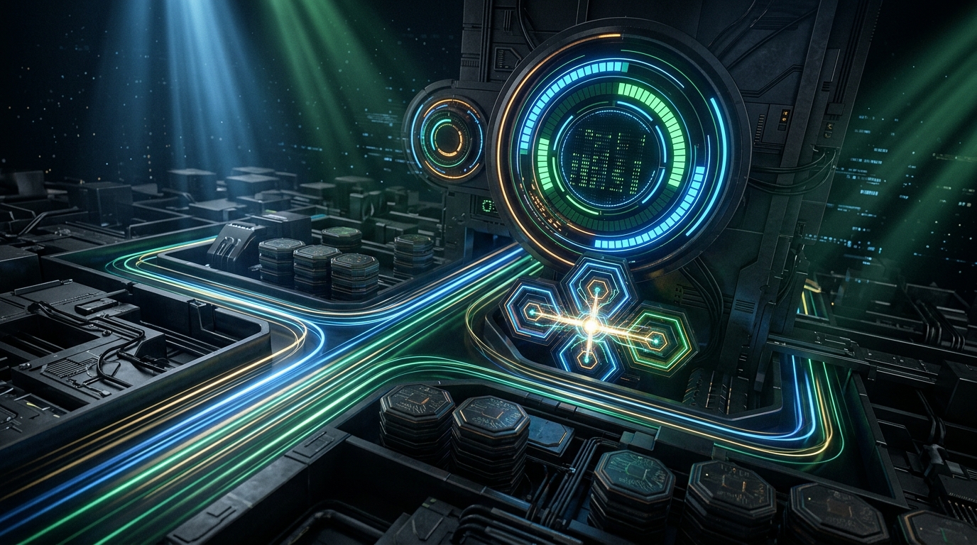 Abstract 3D digital art depicting latency acceleration and token budget metering