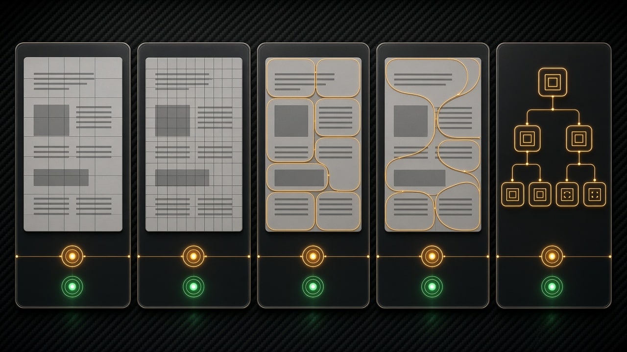 Side-by-side technical visual comparison of five document segmentation methods on dark carbon fiber, no text labels