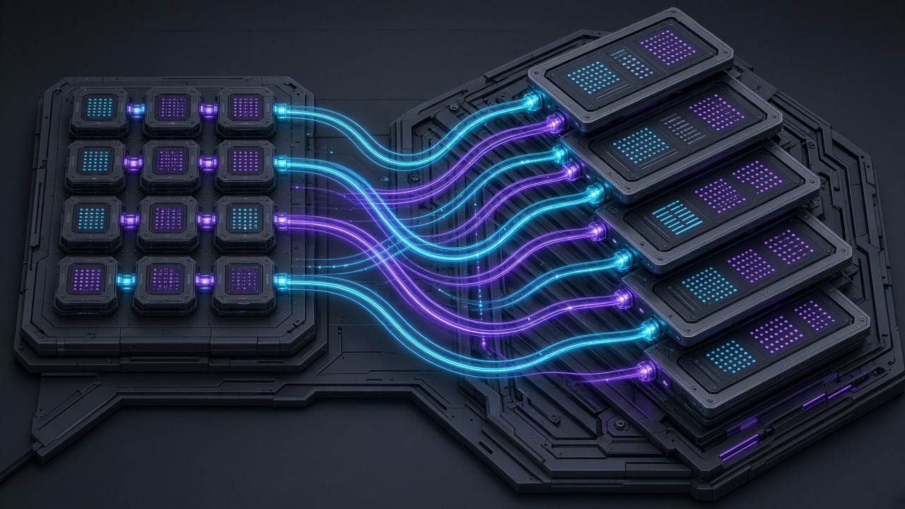 3D isometric architectural schematic of a parent-child vector retrieval hierarchy on matte gunmetal, no text labels