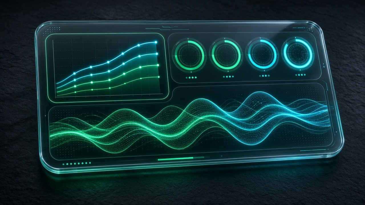Glassmorphic AI evaluation telemetry HUD displaying real-time top-k retrieval recall curves and semantic similarity density waves, no text labels