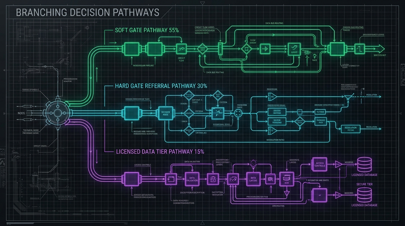 Three scenario cards showing a soft gate at 55 percent, a hard gate at 30 percent, and a licensed tier at 15 percent