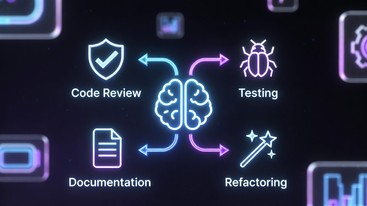 Dark-mode infographic illustrating a continuous AI-assisted development loop with code review, testing, documentation, and refactoring connected by glowing lines