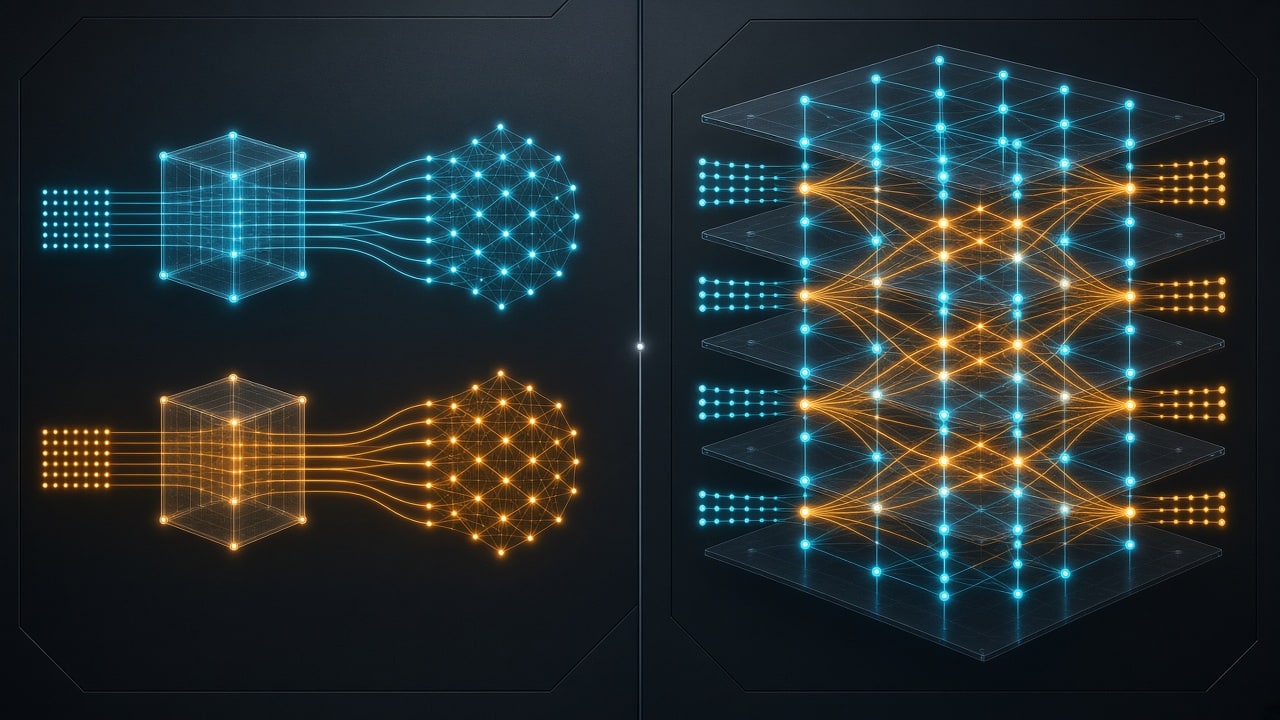 Side-by-side technical visual comparison of bi-encoder versus cross-encoder neural architectures on dark gunmetal