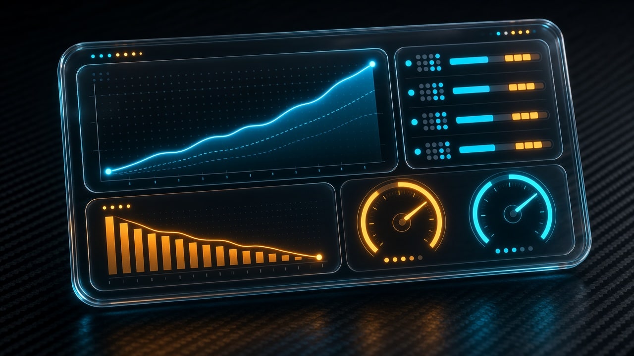 Glassmorphic AI evaluation telemetry HUD floating above dark carbon fiber showing retrieval recall curves climbing from 61 percent to 84 percent