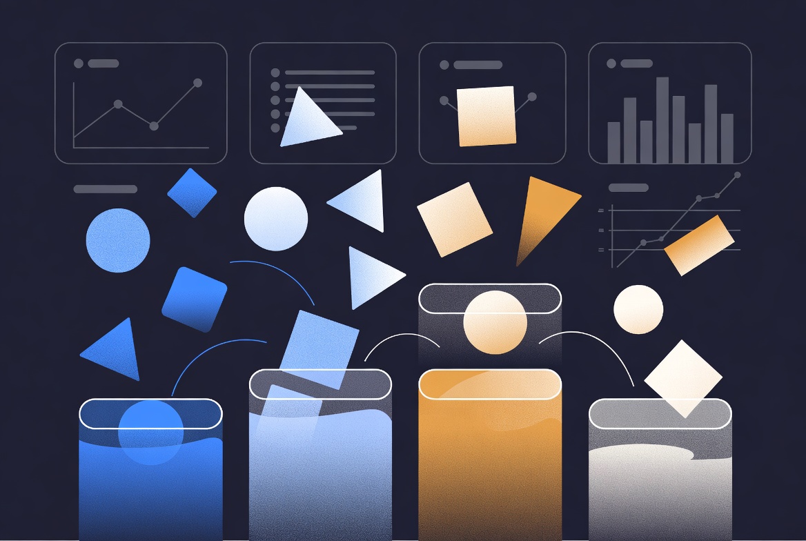 Abstract illustration of keyword shapes being sorted into categorized bins with dashboard charts in the background