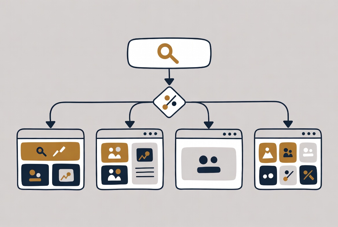 Diagram showing a search query branching into four distinct content format types