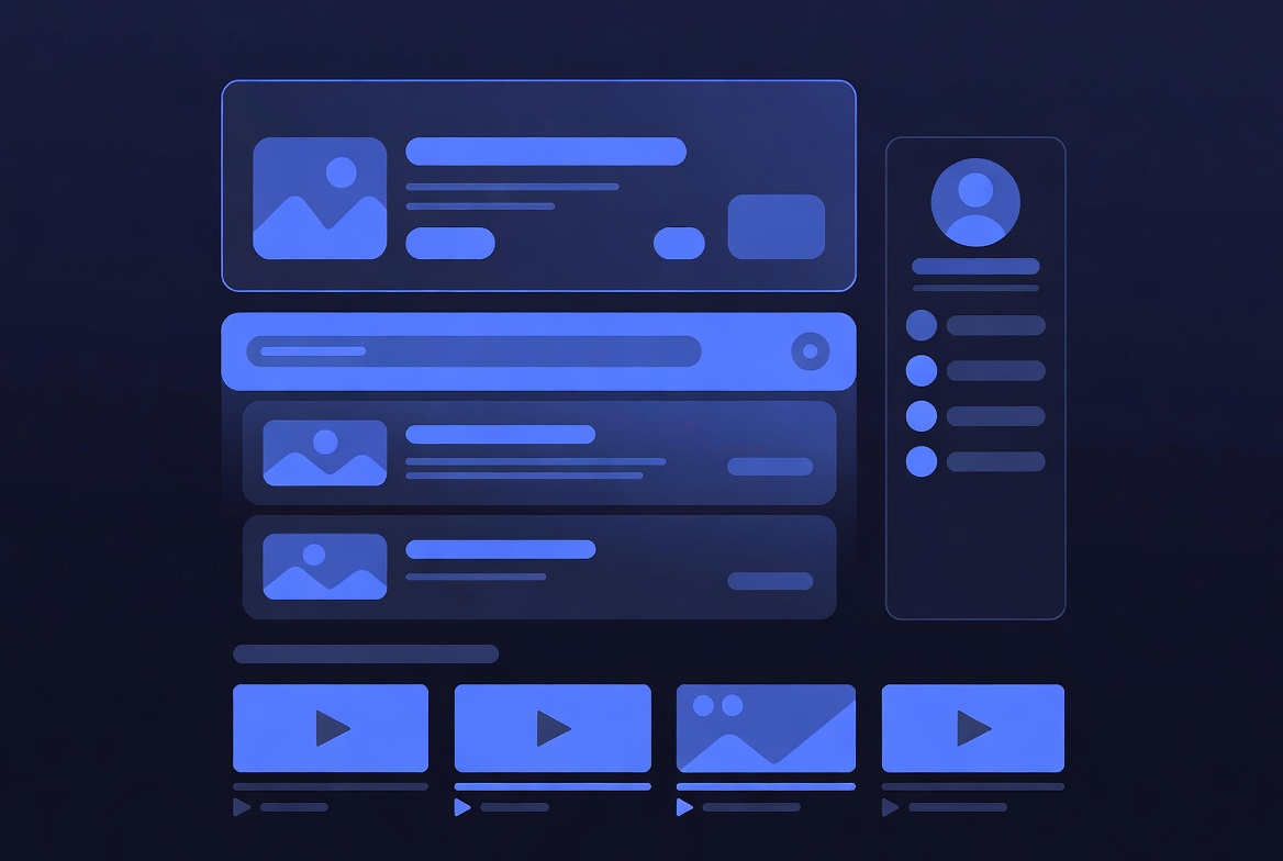 Abstract illustration of a search results page showing a featured snippet, organic listings, knowledge panel, and video carousel