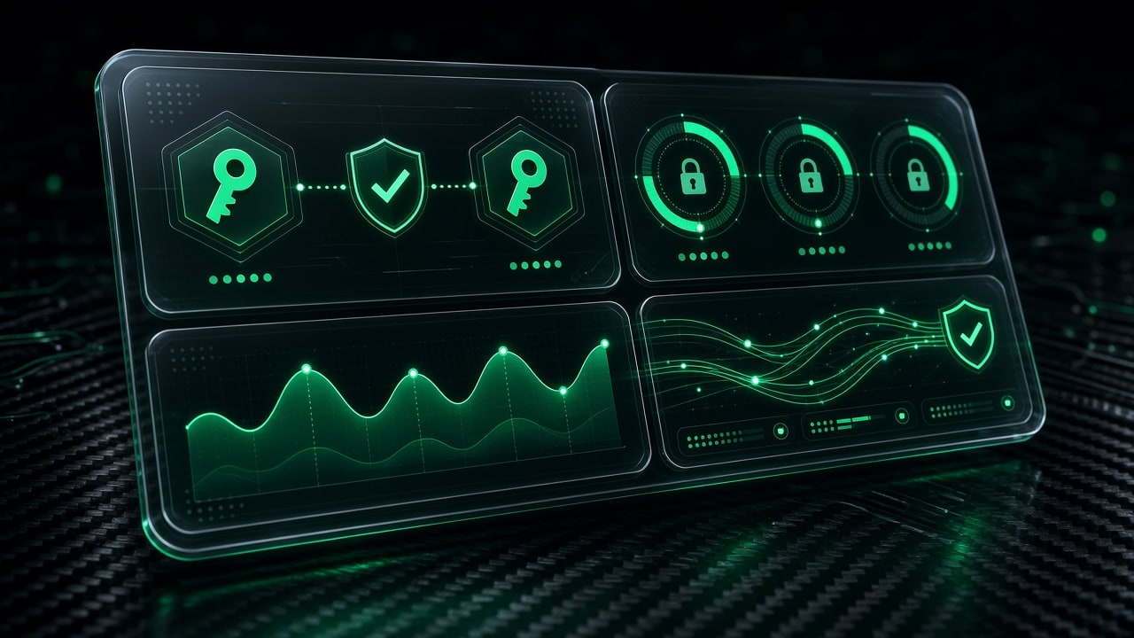 Security telemetry HUD displaying dual-key rotation and lease expiration