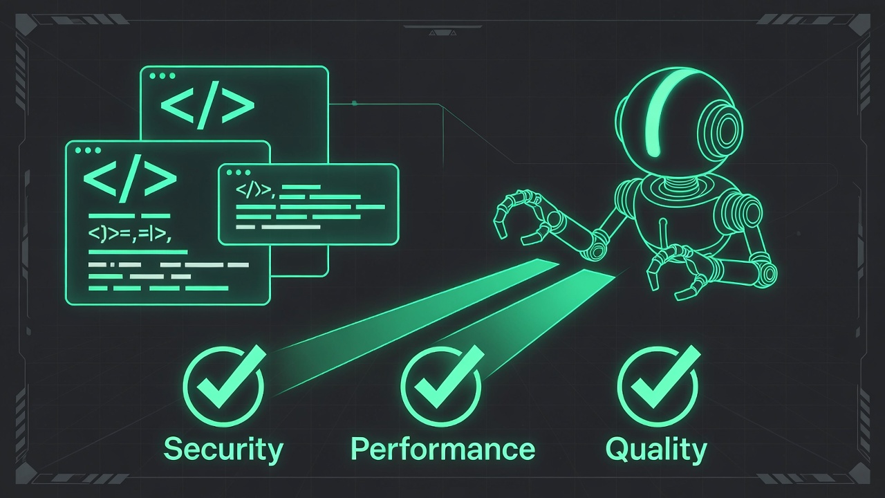 Technical diagram showing an AI bot scanning code blocks and emitting green checkmarks for Security, Performance, and Quality