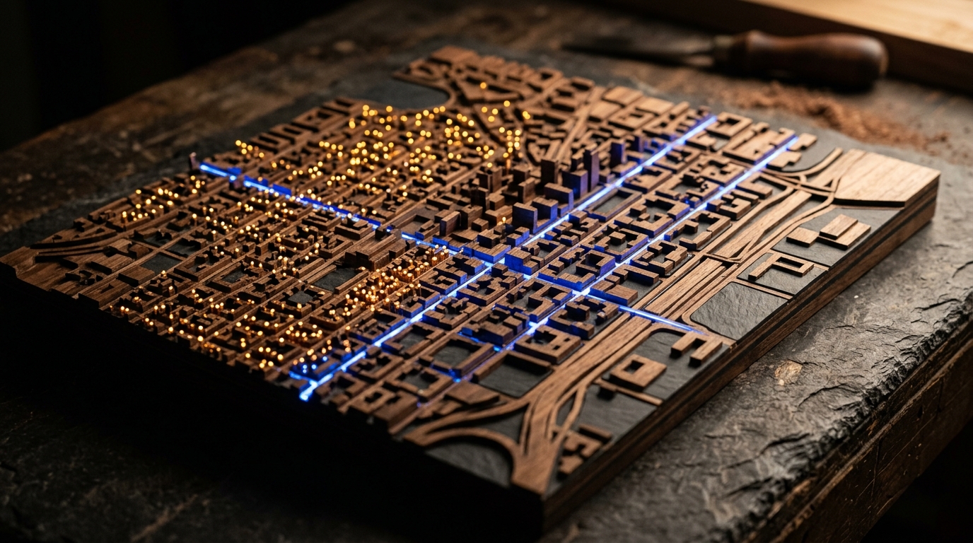 Macro studio photograph of a tactile layered walnut wood and matte charcoal slate architectural city map scale model with glowing warm amber and electric blue fiber-optic pins marking residential blocks, no text labels