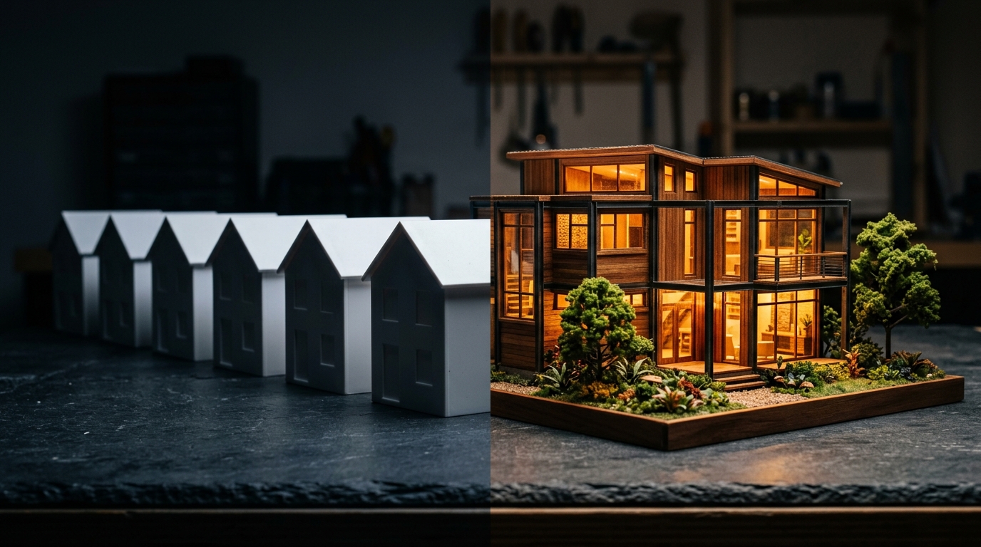 Split composition studio still-life on a dark slate architectural workbench comparing identical bland white plastic block houses in cold shadow on the left with a richly detailed custom cedar wood and glass architectural scale home glowing with warm amber light on the right, no text labels