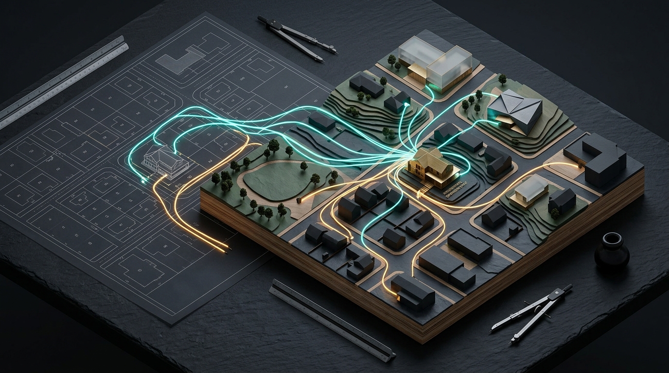 Isometric studio photograph of a physical architectural site blueprint and 3D topographic neighborhood terrain model connected by glowing teal and warm amber optical fiber pathways linking a central property to community landmarks, no text labels