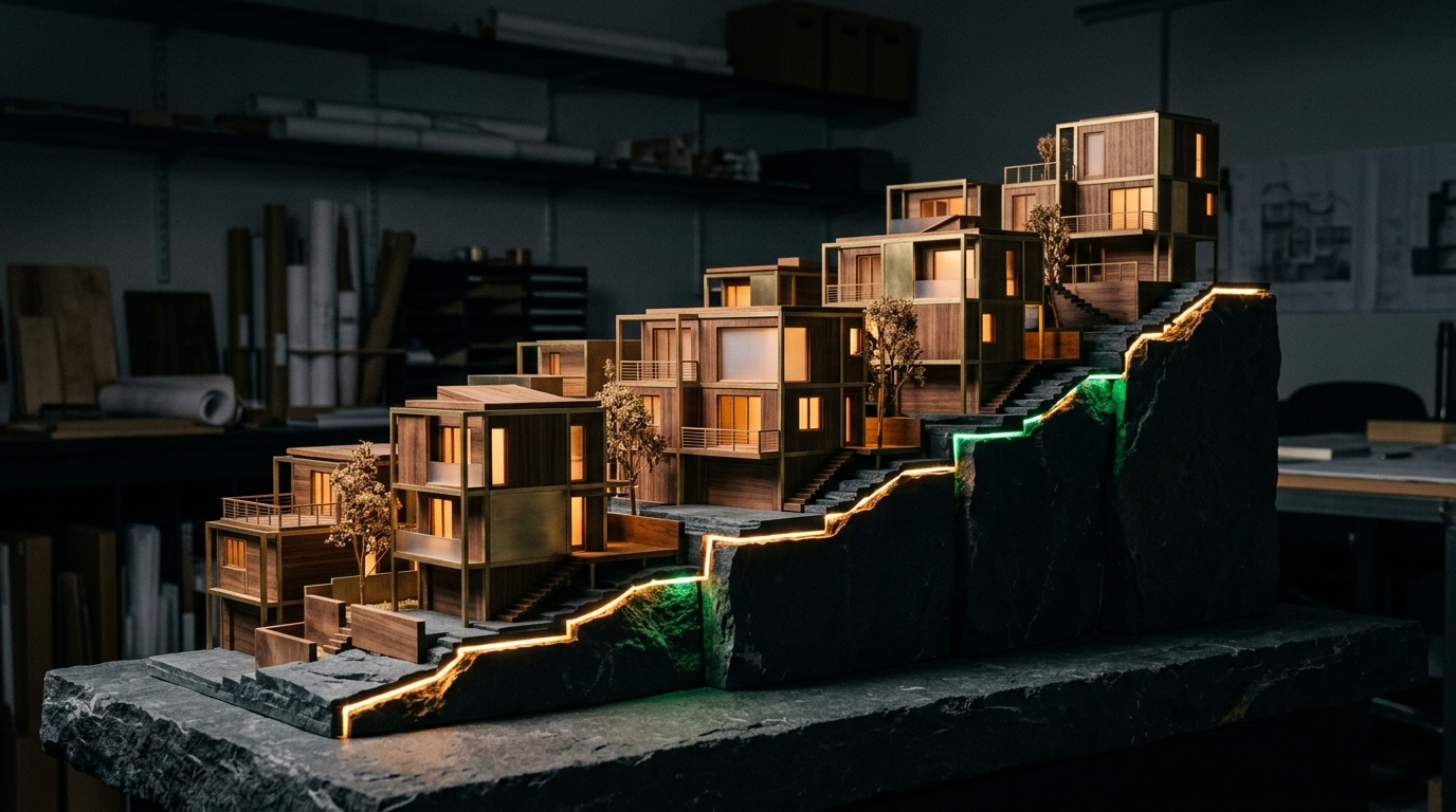 Architectural studio still-life showing an ascending stepped terrace of illuminated residential scale models crafted from warm walnut wood, brushed brass, and frosted glass with glowing warm amber and emerald accent lighting along a dark stone plinth, no text labels