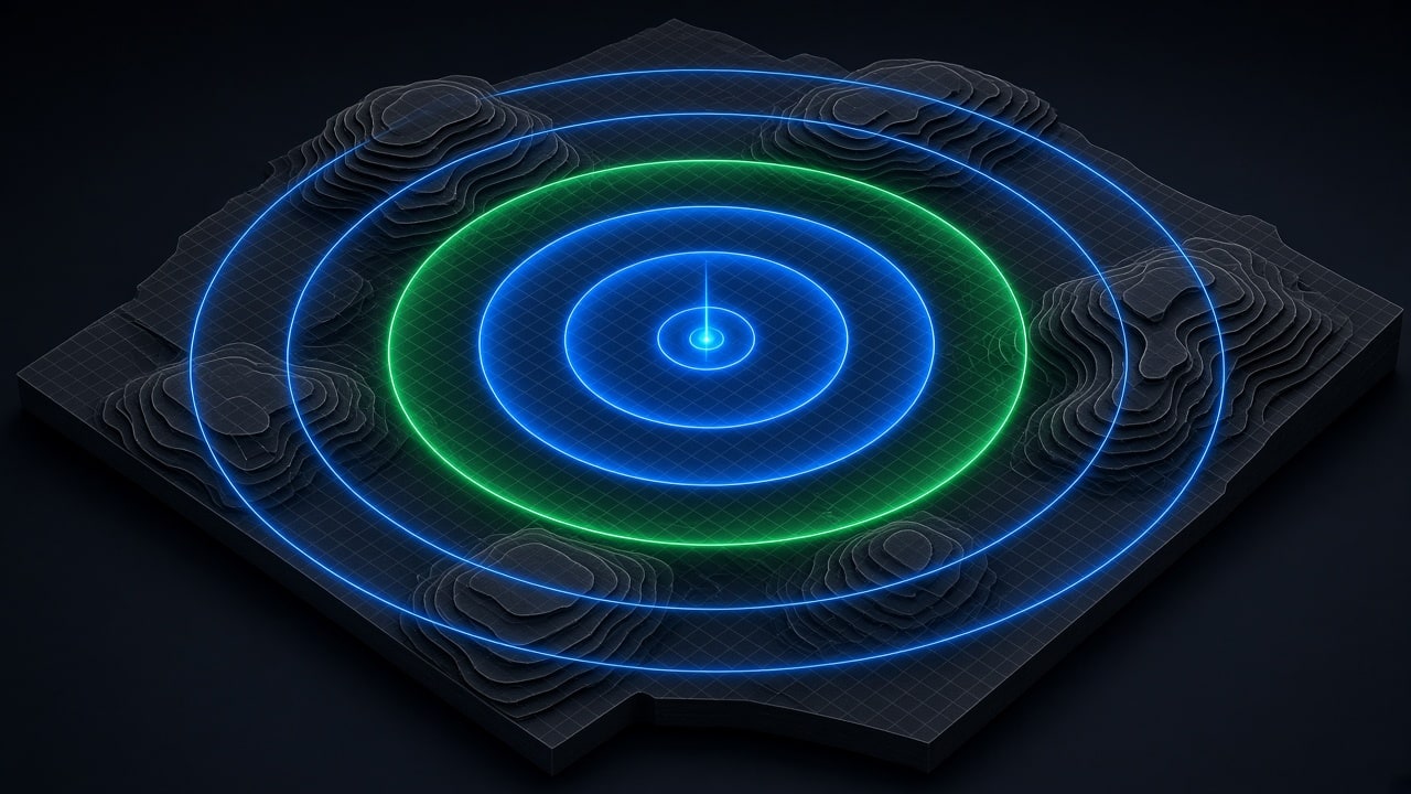 Dark studio render of a digital map interface with glowing radius circles marking service zones around a central hub