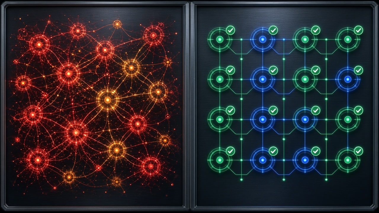 Split comparison render showing a messy web of conflicting business listings versus a clean unified citation network