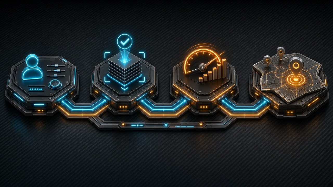 Roadmap-style render showing a progression of connected milestones from citation cleanup to review velocity to map pack ranking