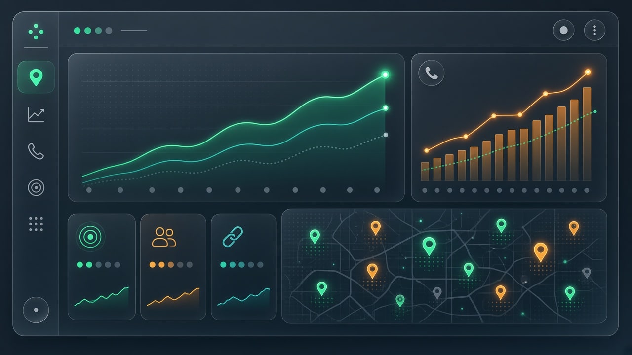 Studio render of an analytics dashboard with ascending local ranking curves and map pin markers on a dark interface