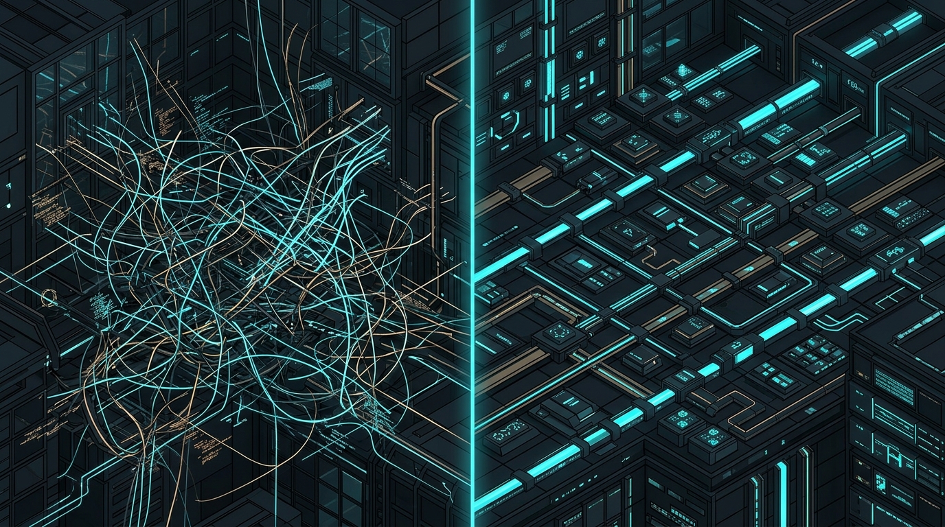 Abstract procedural split-screen architectural visualization comparing uncontrolled chaotic network flows against structured encrypted pathways