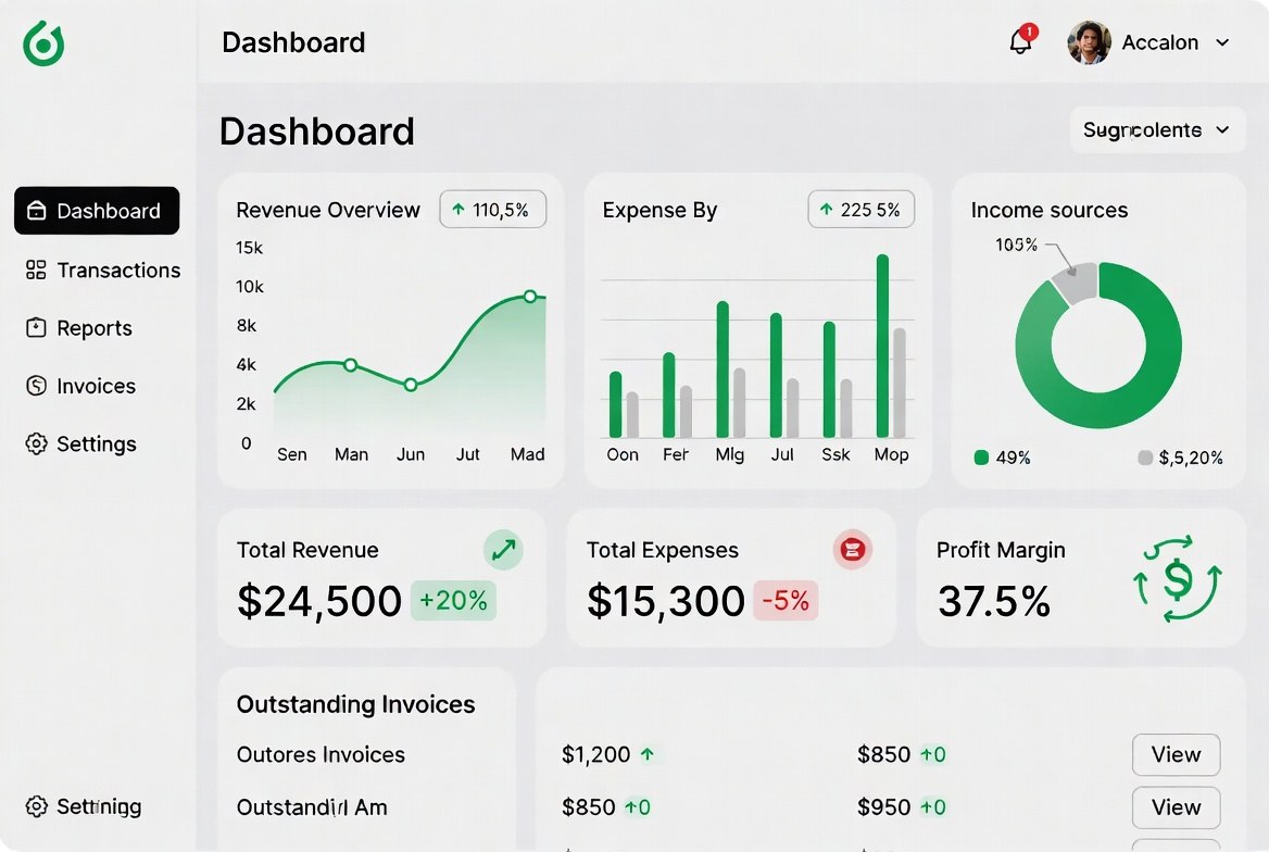 Small business accounting software with financial charts and invoices