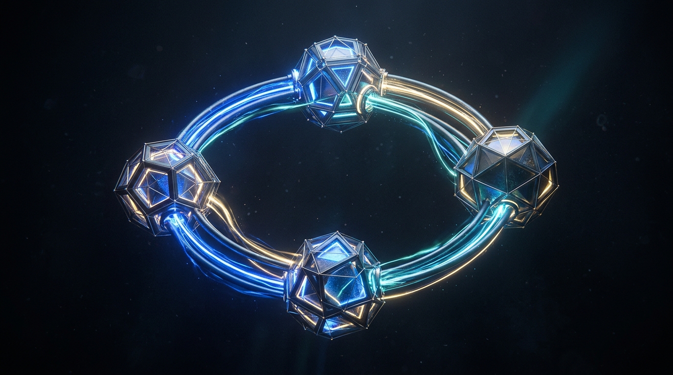Abstract digital visualization of a continuous governance loop with four interconnected geometric stages