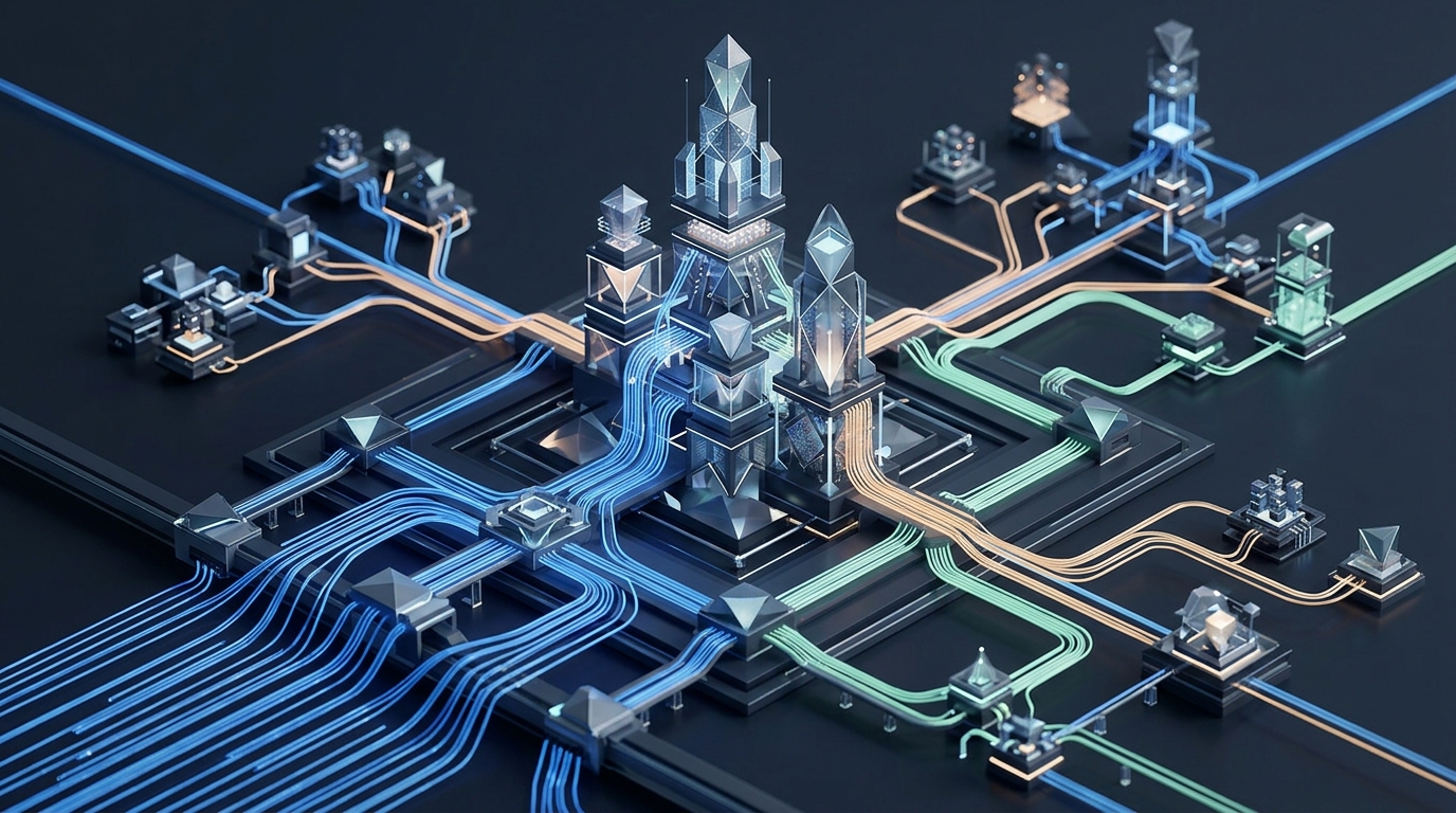 Abstract 3D architectural diagram representing multi-tier data routing and computational load distribution