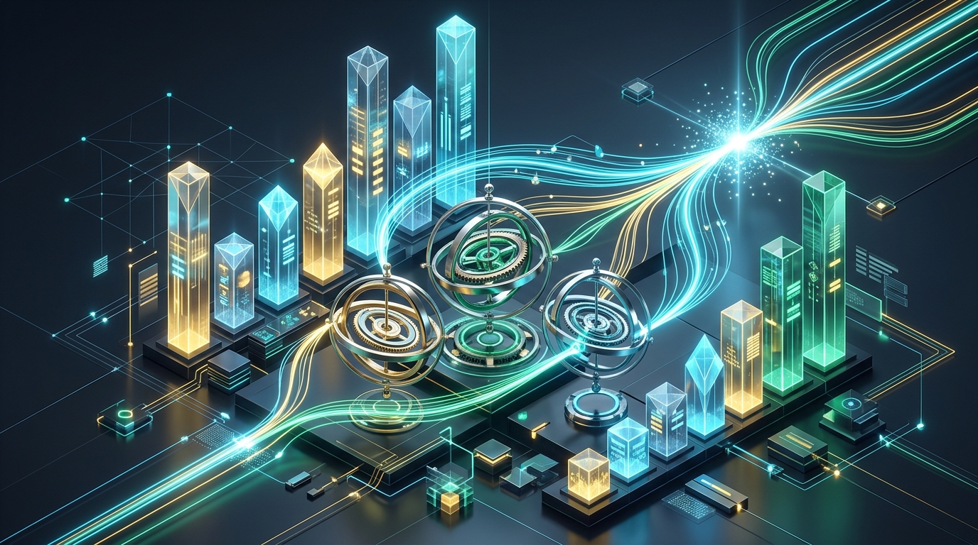 Abstract 3D isometric representation of business governance metrics, cost tracking, and error-rate monitoring in an AI pipeline