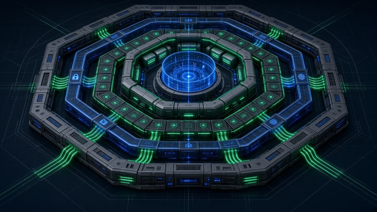 Layered cybersecurity defense rings showing perimeter firewalls, authentication gateways, and backup vaults