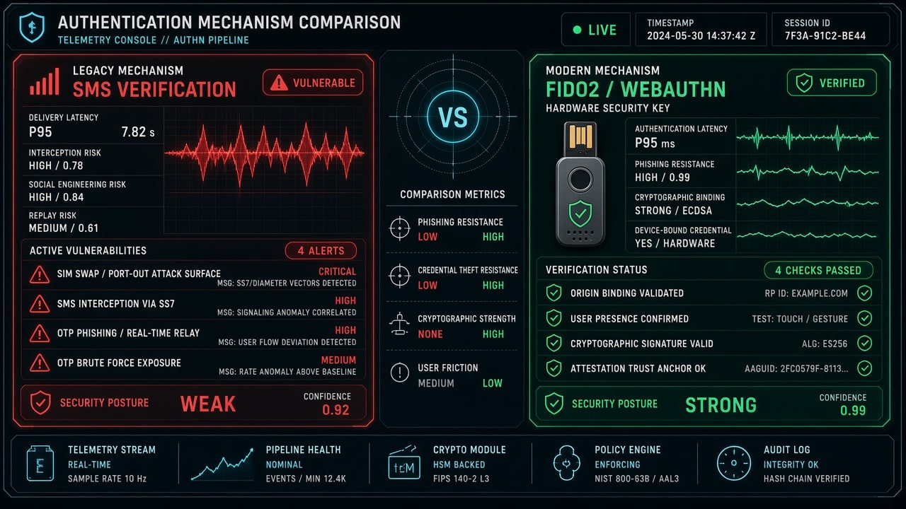 Developer telemetry HUD console displaying authentication mechanism comparison