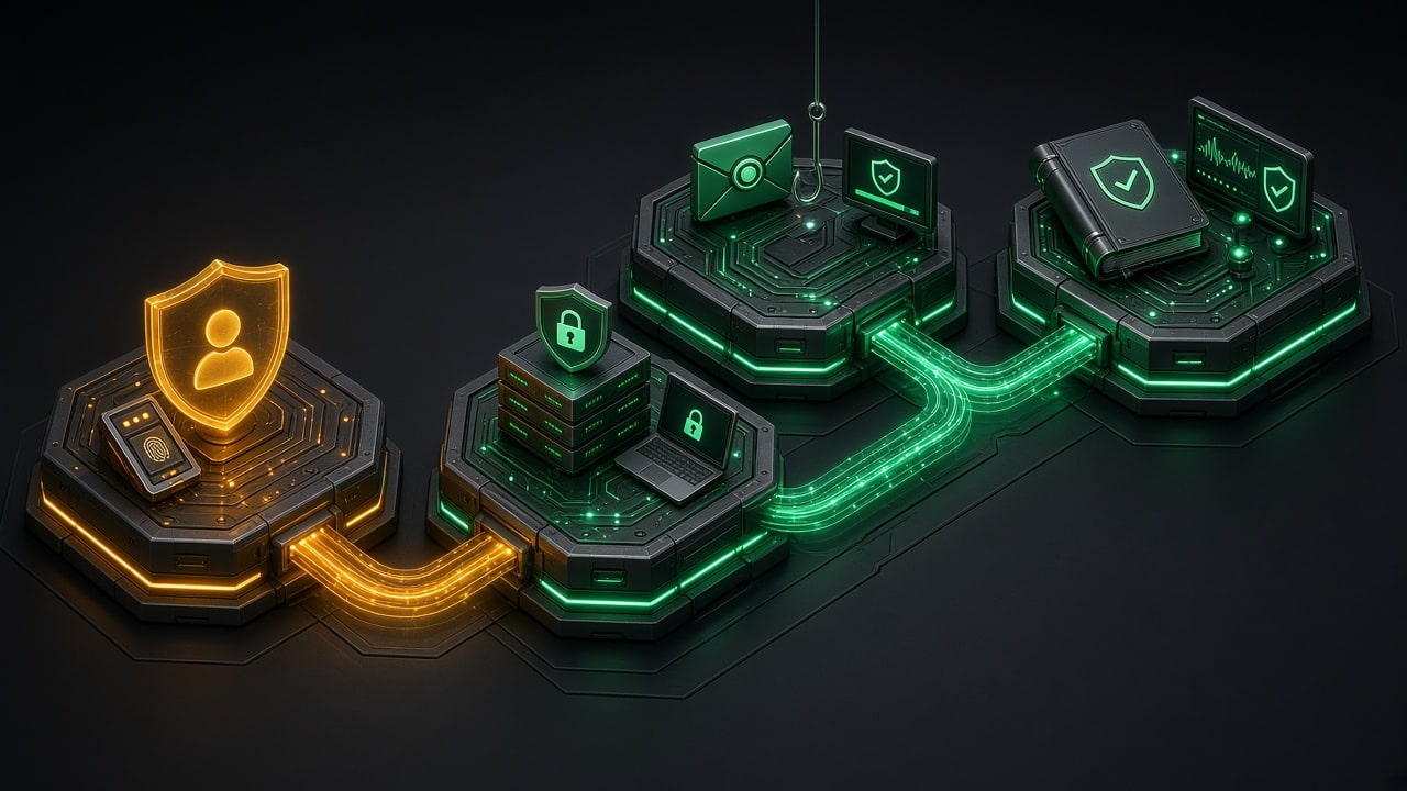 Clean 3D isometric 4-stage cybersecurity implementation roadmap