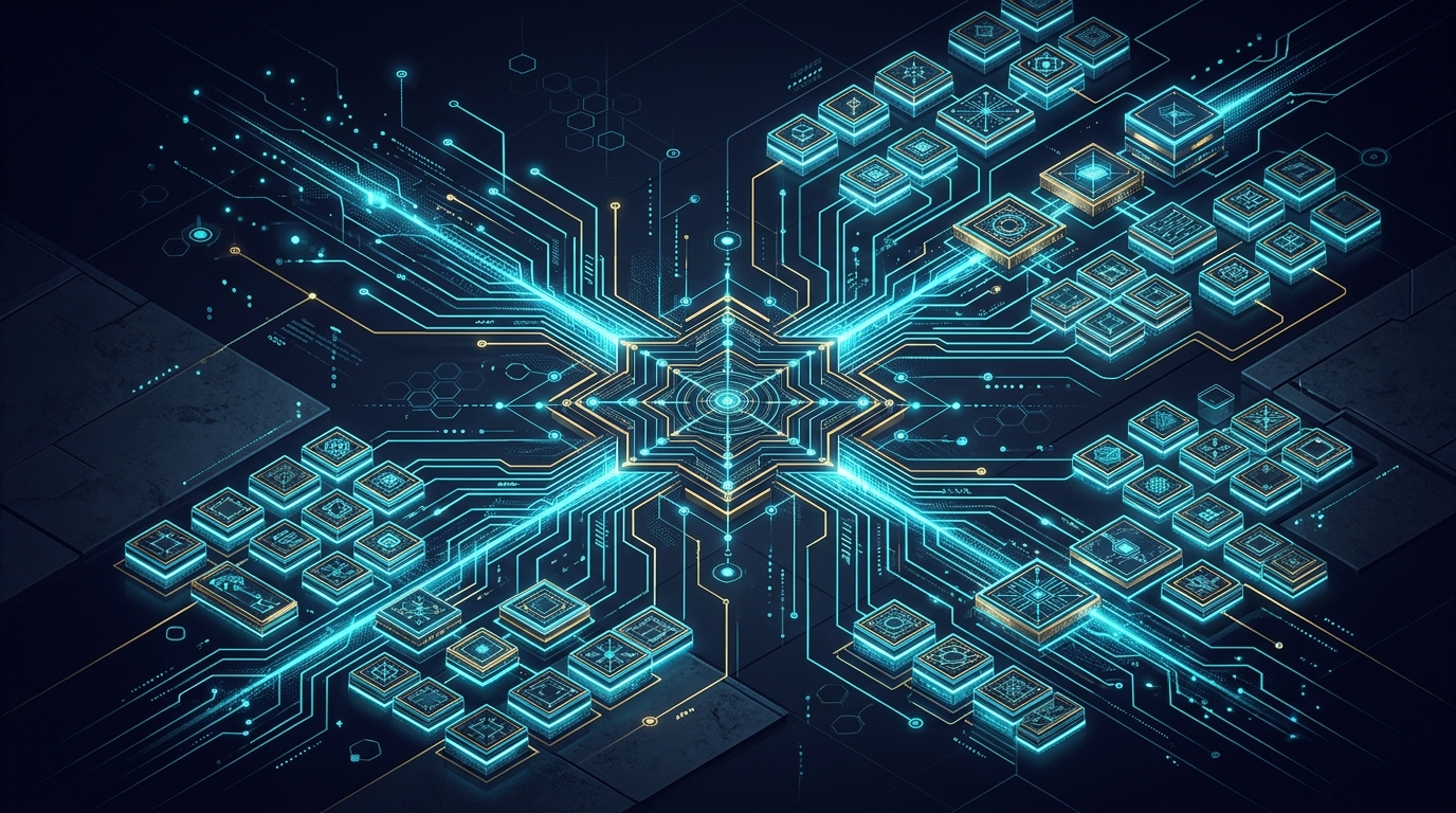 Abstract digital art visualization of a structured technical specification schema radiating organized algorithmic flows into clean modular blocks, no text labels