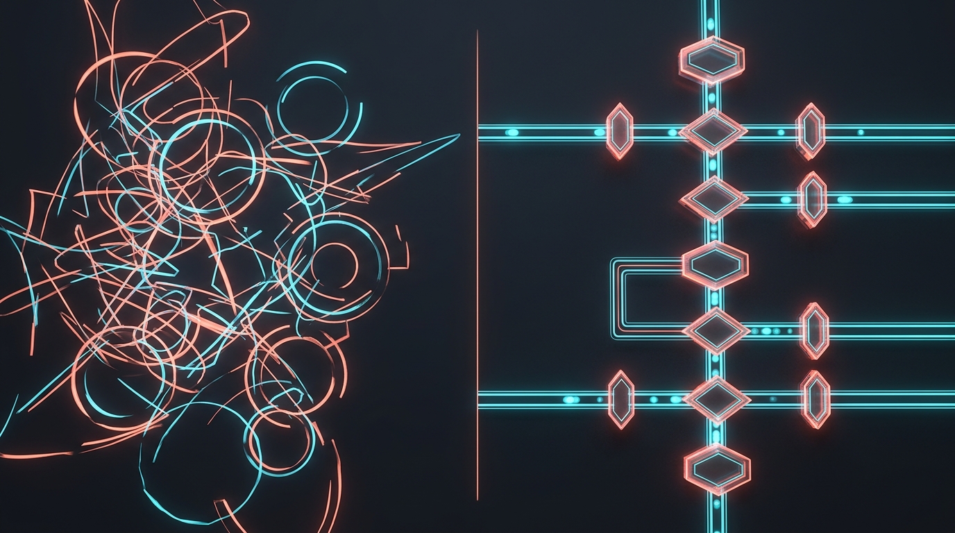 Abstract comparative visualization showing chaotic fragmented loops versus an aligned crystalline sequence of geometric verification gates, no text labels