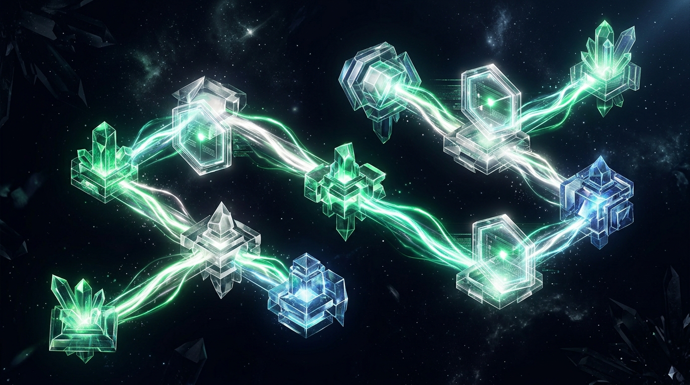 Abstract sequential workflow roadmap composed of modular interlocking crystalline stages and translucent inspection portals, no text labels