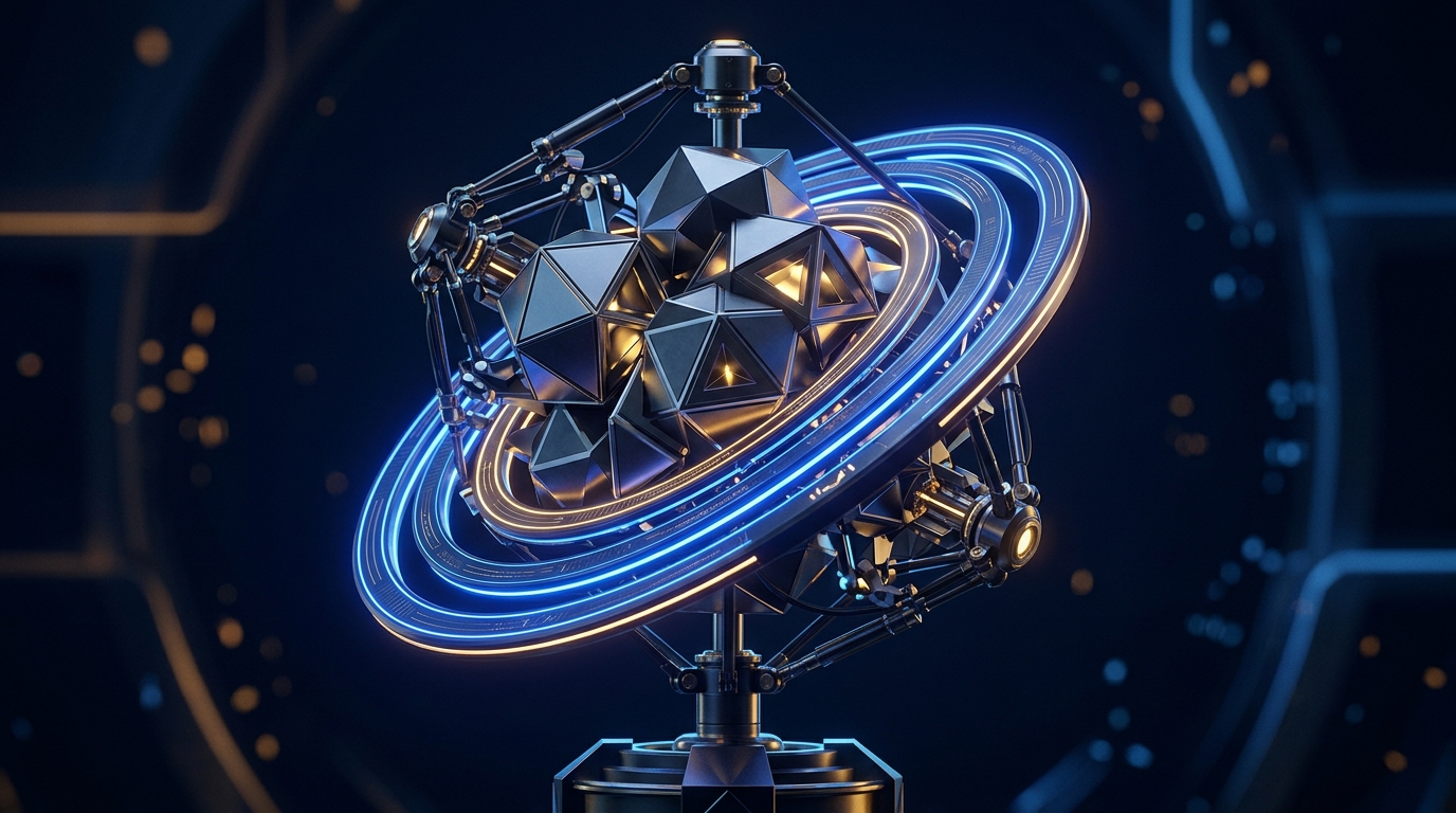 Abstract precision engineering sculpture representing structured code reliability and development velocity with balanced interlocking polyhedra, no text labels