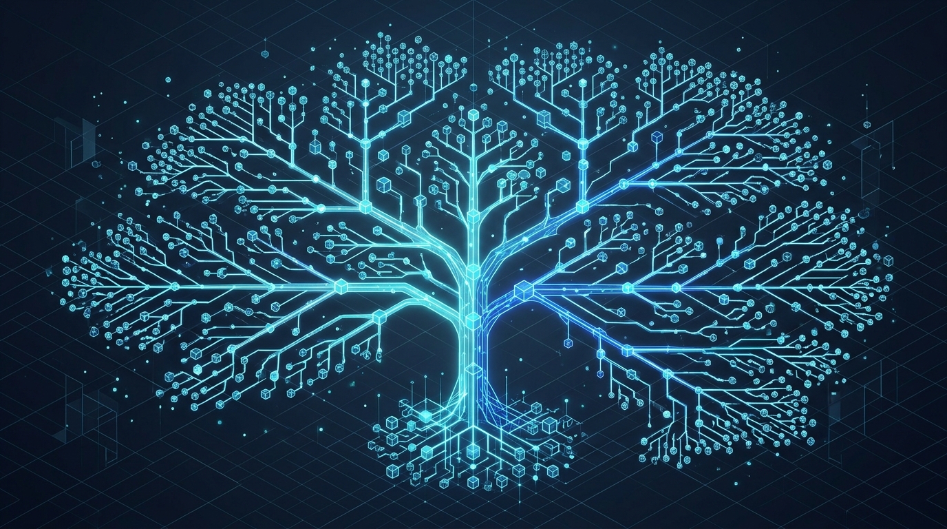 Abstract isometric branching tree hierarchy of glowing geometric data nodes in cyan and electric blue, no text labels