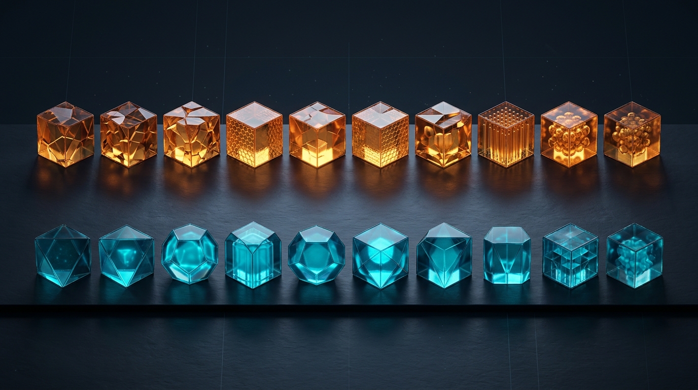 Abstract 3D composition comparing distinct modular geometric data blocks and faceted translucent cubes in warm amber and cool teal, no text labels