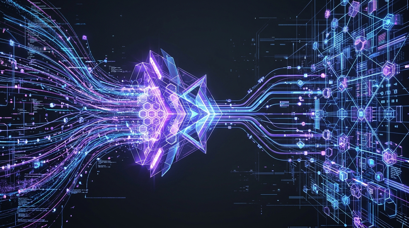 Abstract digital architectural schematic showing layered data flow streams passing through a glowing geometric filter into an organized network matrix, no text labels