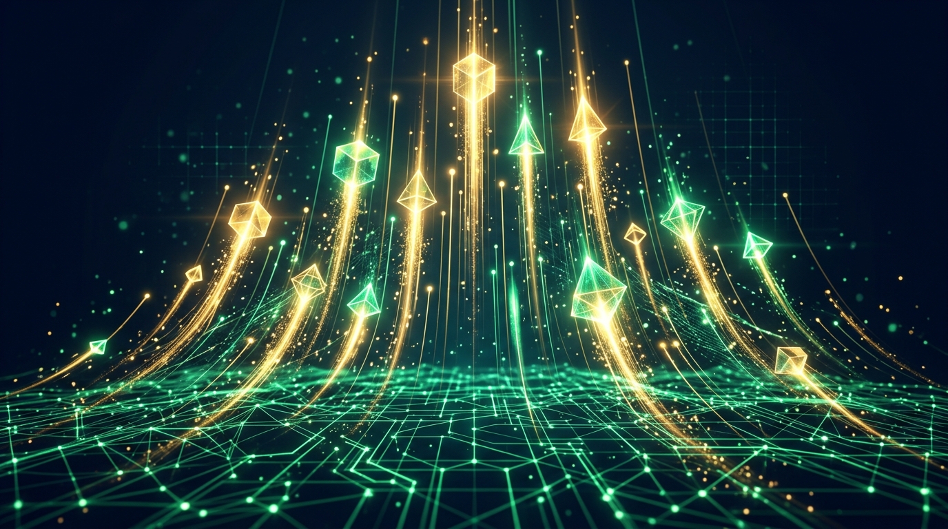 Abstract digital art showing glowing upward light trajectories and radiating geometric prisms rising from a dense network grid in radiant gold and deep emerald green, no text labels
