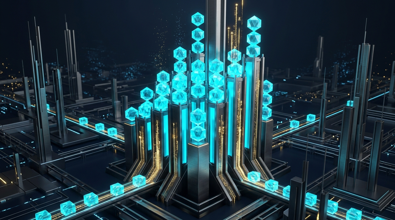Abstract visualization of automated data pipelines stacking structured blocks with high throughput and zero manual queues, no text labels
