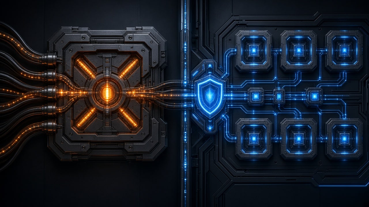 Side-by-side technical visual comparison of privilege separation architectures on dark gunmetal