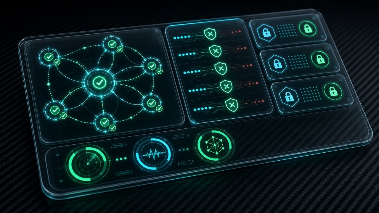 Glassmorphic network security telemetry HUD floating above dark carbon fiber showing peer connection graphs and locked node keys