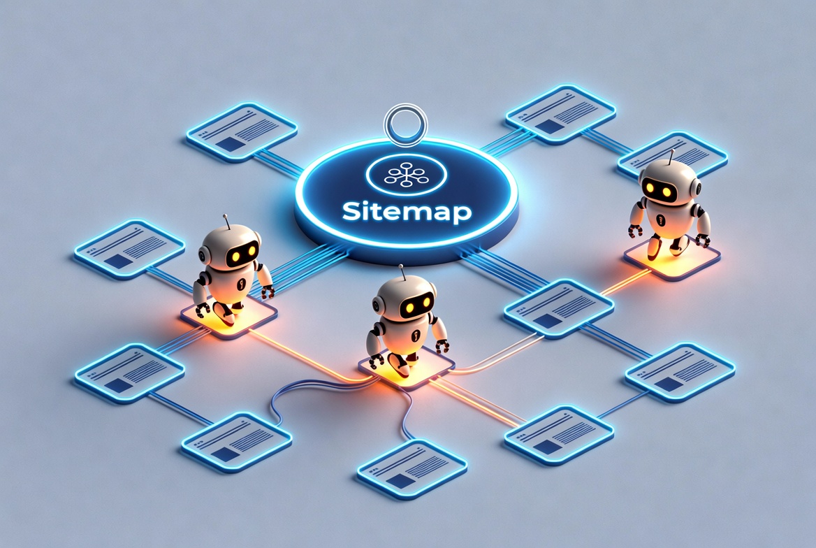 Diagram showing a search crawler bot moving through a website sitemap and internal links