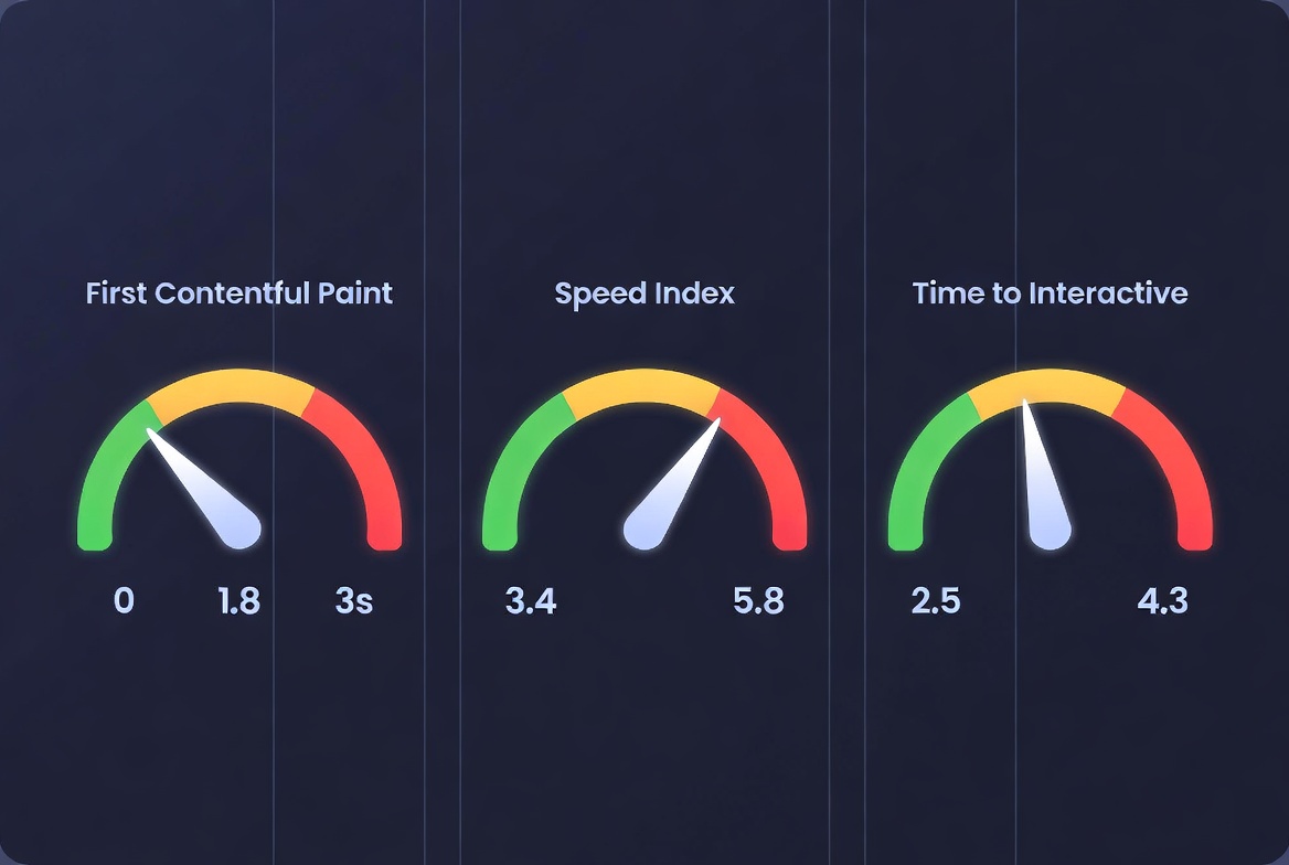 Dashboard gauges showing Largest Contentful Paint, Interaction to Next Paint, and Cumulative Layout Shift scores
