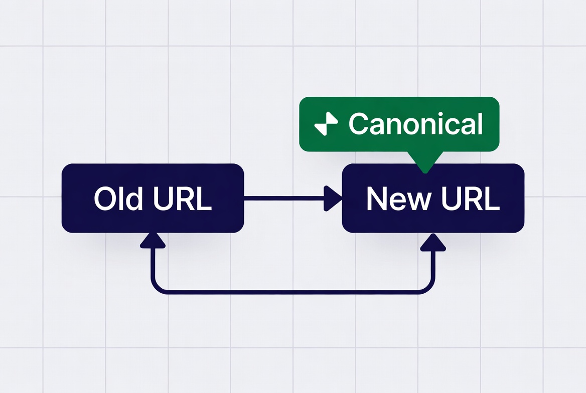 Flow diagram showing a clean single-hop 301 redirect and a self-referencing canonical tag