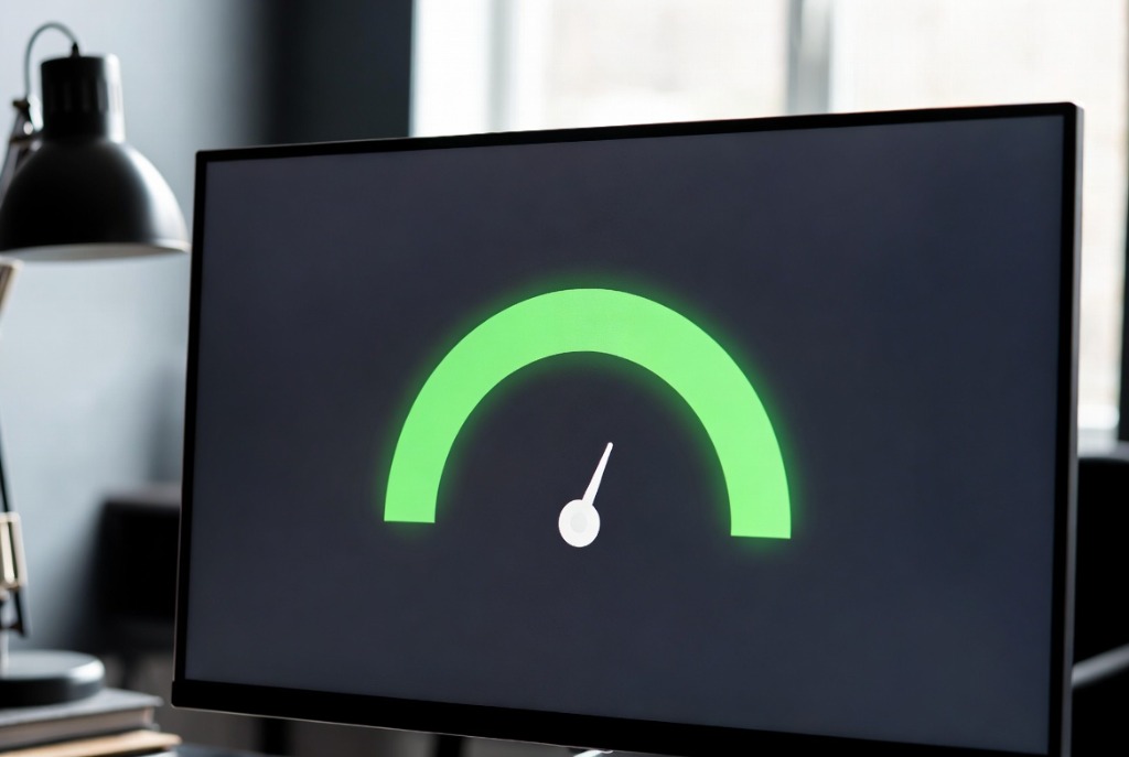 Circular page speed meter showing excellent optimization score on a desktop monitor